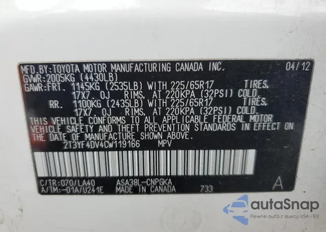 2012 Toyota Rav4 Limited from USA, damaged, VIN 2T3YF4DV4CW119166